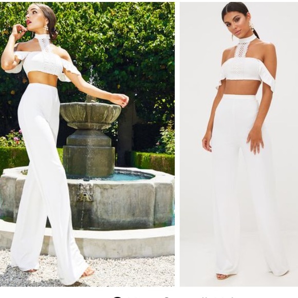 PrettyLittleThing Tops - PLT White Chocker Frill Detail Top & Pants Set